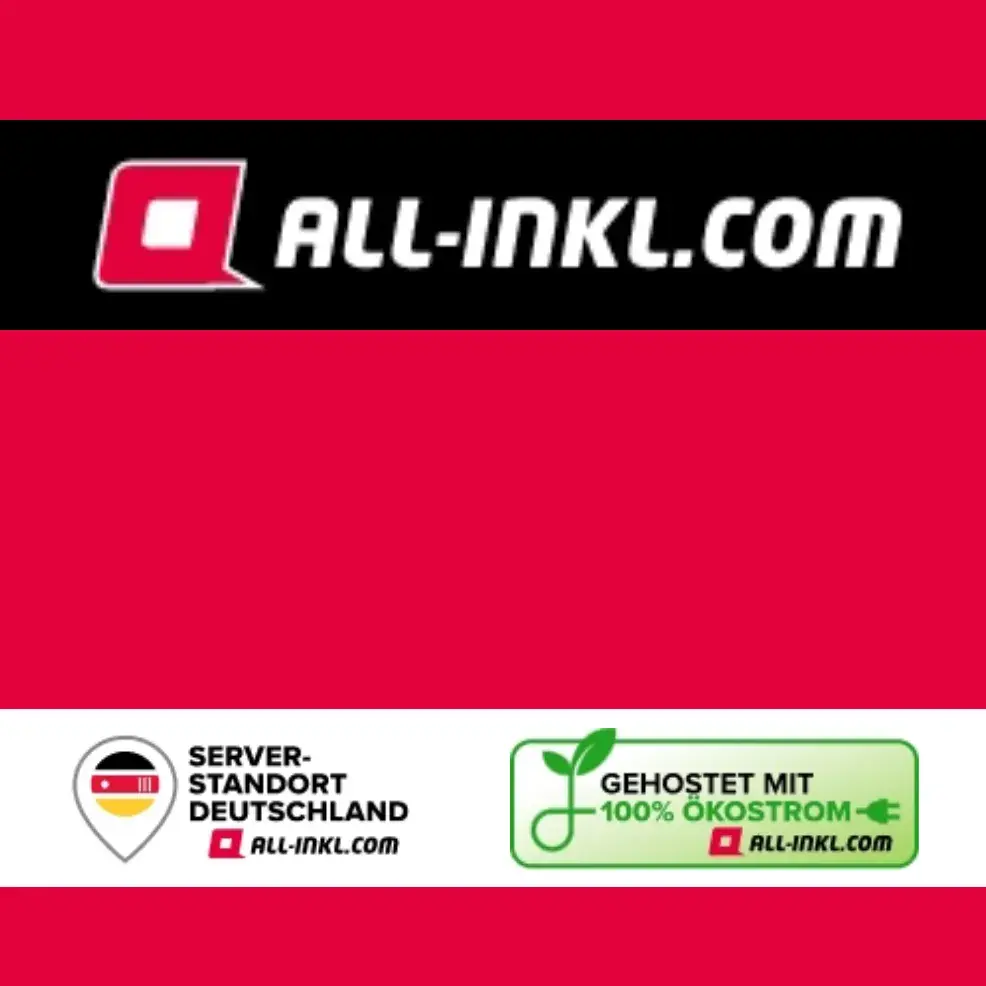 Das Bild zeigt das Logo von ALL-INKL.COM und zwei weitere "Schilder" mit dem Text: "Server-Standort Deutschland" und "Gehostet mit 100 Prozent Ökostrom".