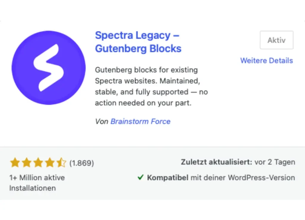 Das Bild zeigt das Label des Plugins Spectra Legacy - WordPress.